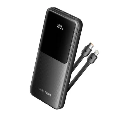 Vention Power Bank 10000mAh (Micro-USB + USB-C + USB-A + USB-A) with Built-in USB-C and Lightning Cables 22.5W _ black